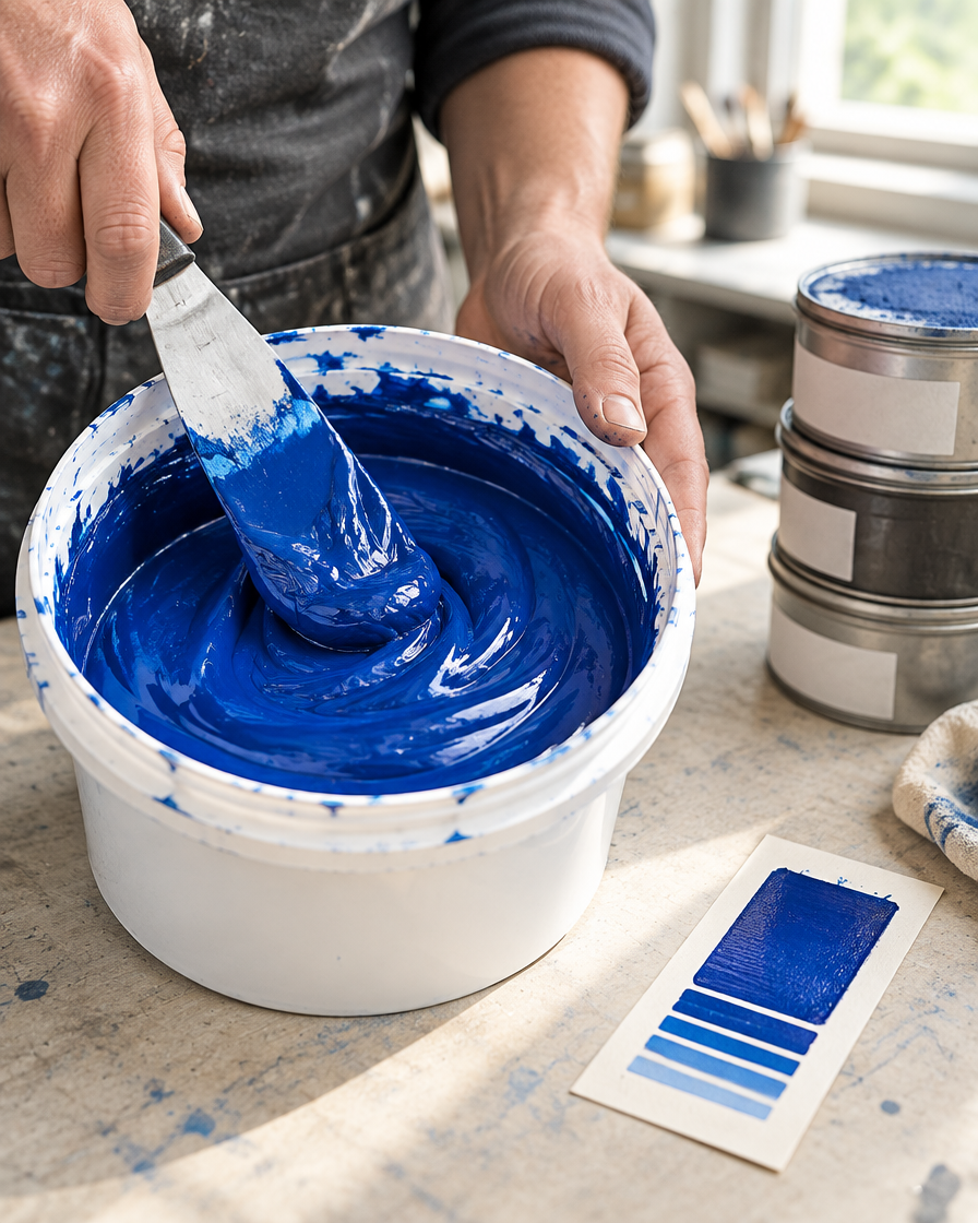 Blue plastisol ink being mixed with a steel spatula