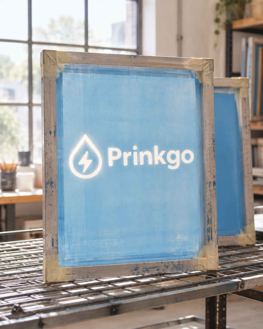 A coated screen with the Prinkgo mark burned through the mesh
