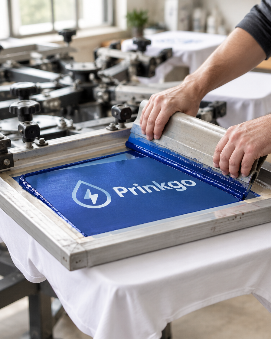 A squeegee pulling ink across the screen on the press