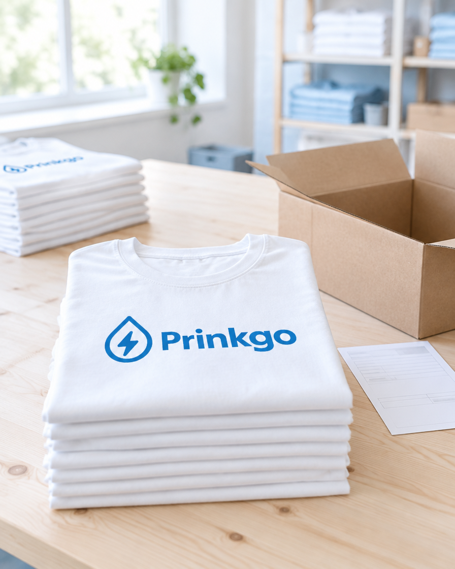 Finished shirts folded in stacks beside a packing carton